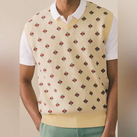 Red and Cream V-Neck Sweater with Geometric Design - Picture 1 of 5